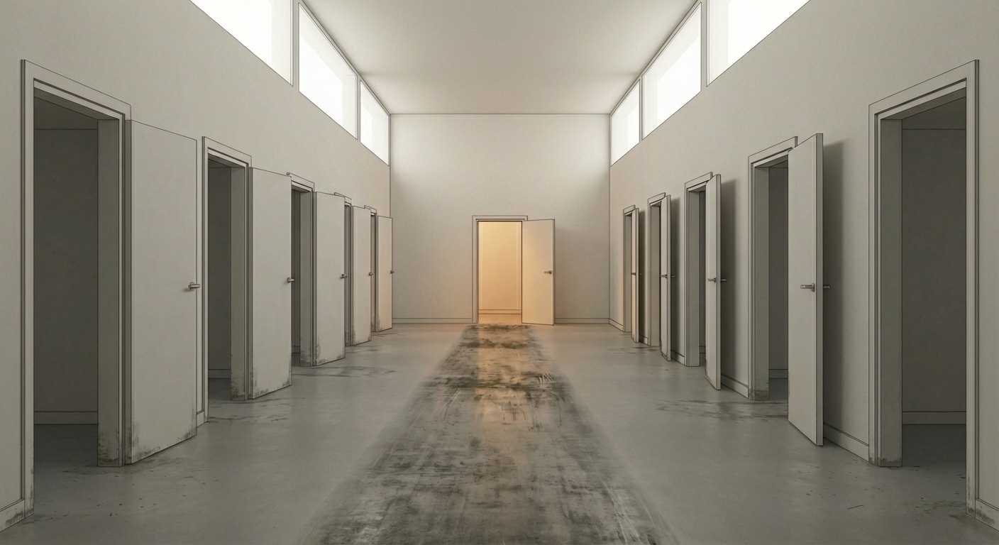 A corridor with many open doors on either side, but only the door at the end has warm light, and the floor is worn only along the path leading there